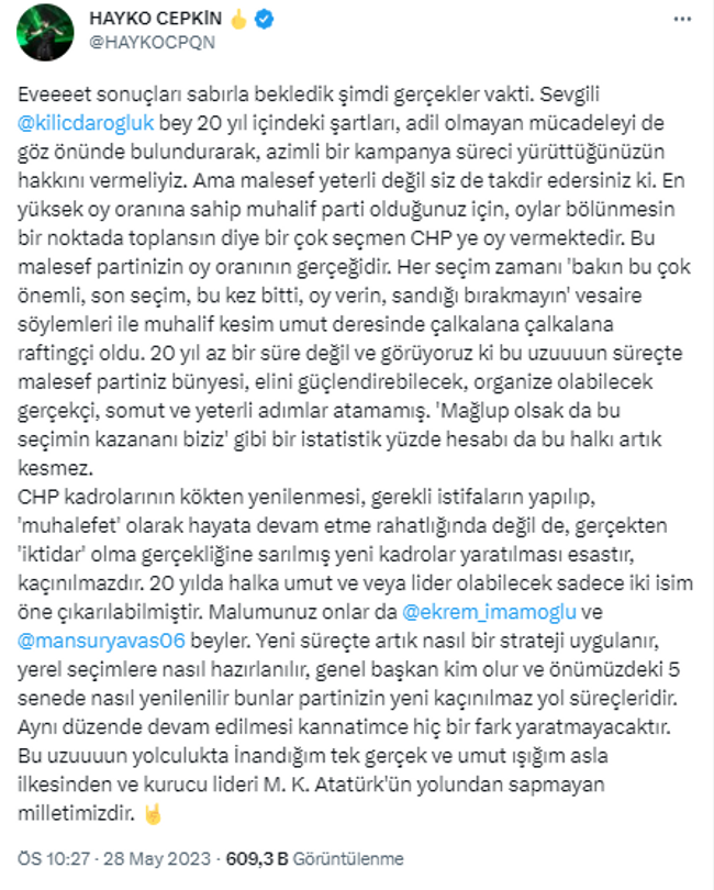 Ünlü şarkıcı Hayko Cepkin, seçim sonuçlarının ardından Kılıçdaroğlu'nu istifaya çağırdı - Resim : 1