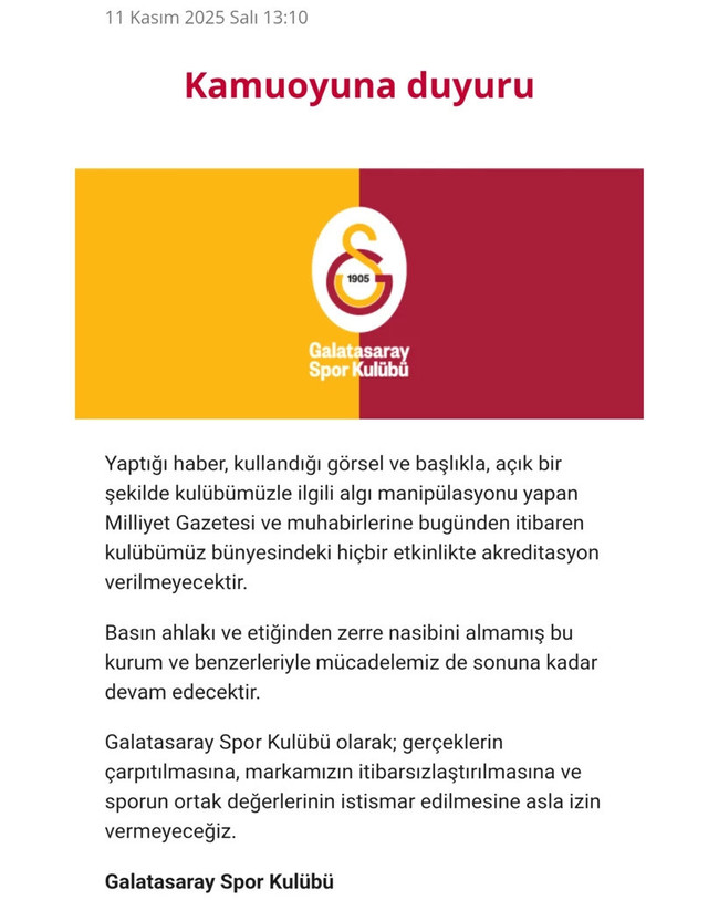 Galatasaray'dan Milliyet'e akreditasyon yasağı - Resim : 1