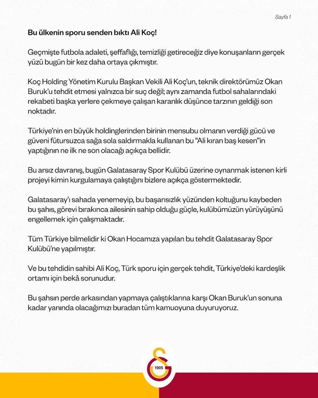 Galatasaray'dan Ali Koç'a zehir zemberek sözler! ‘Sen kendini ne zannediyorsun?..’ - Resim : 1