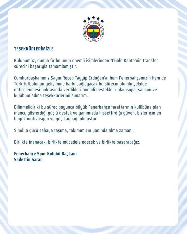 Sadettin Saran'dan Erdoğan'a Kante teşekkürü: Fenerbahçe hesabından paylaşım - Resim : 1