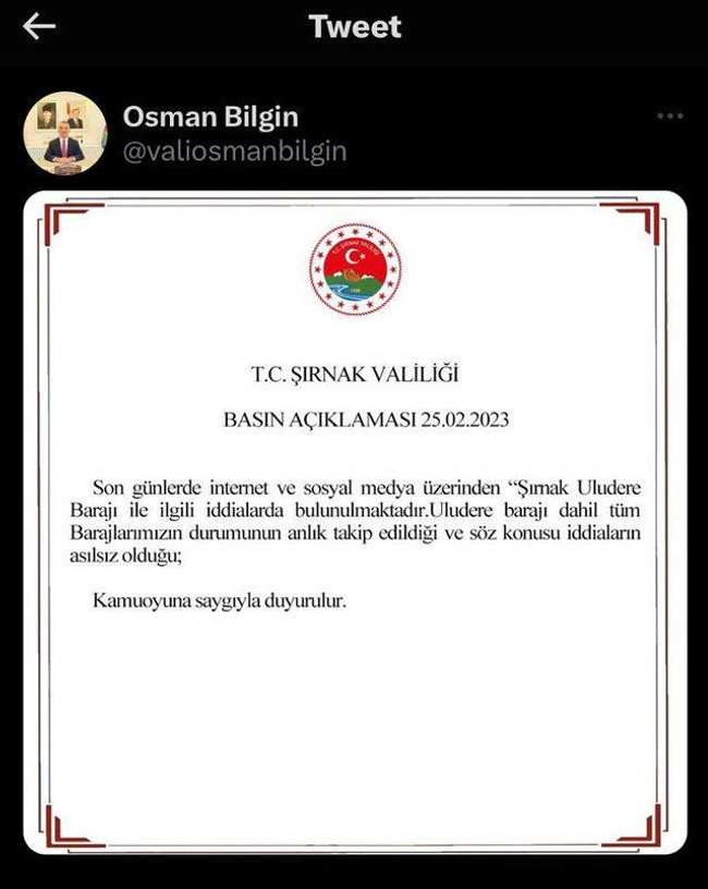 'Uludere Barajı hasar gördü' iddiası! Şırnak Valiliği'nden açıklama - Resim : 1