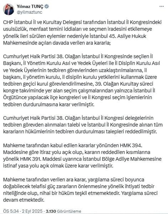 Bakan Tunç'tan CHP İstanbul kongre iptaline ilk açıklama - Resim : 1