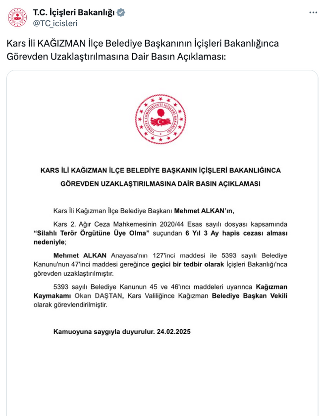 DEM Partili bir belediyeye daha kayyum atandı! İçişleri Bakanlığı duyurdu… - Resim : 1