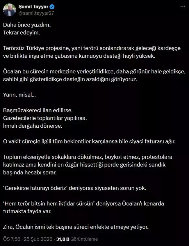 Şamil Tayyar’dan iktidara kritik “Öcalan” uyarısı: "Toplum sandıkta hesap sorar..." - Resim : 1