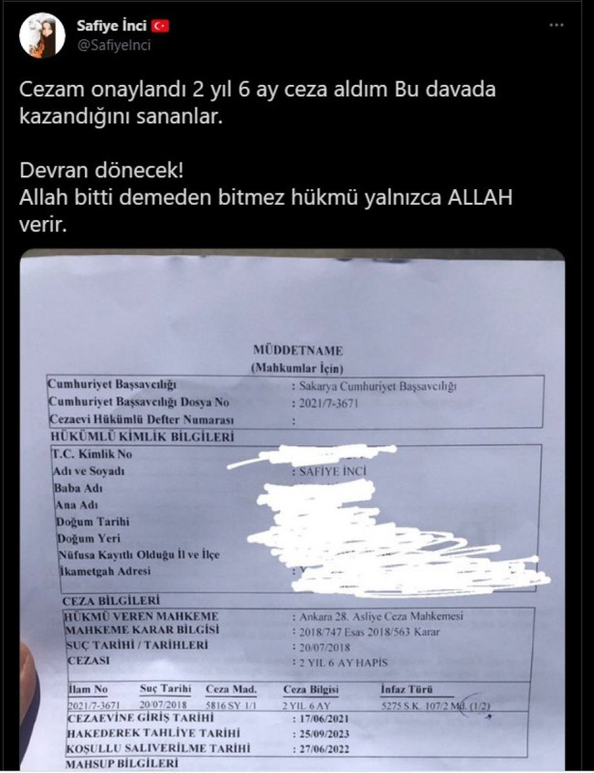 Atatürk'e hakaret eden Safiye İnci hakkında karar - Resim : 1