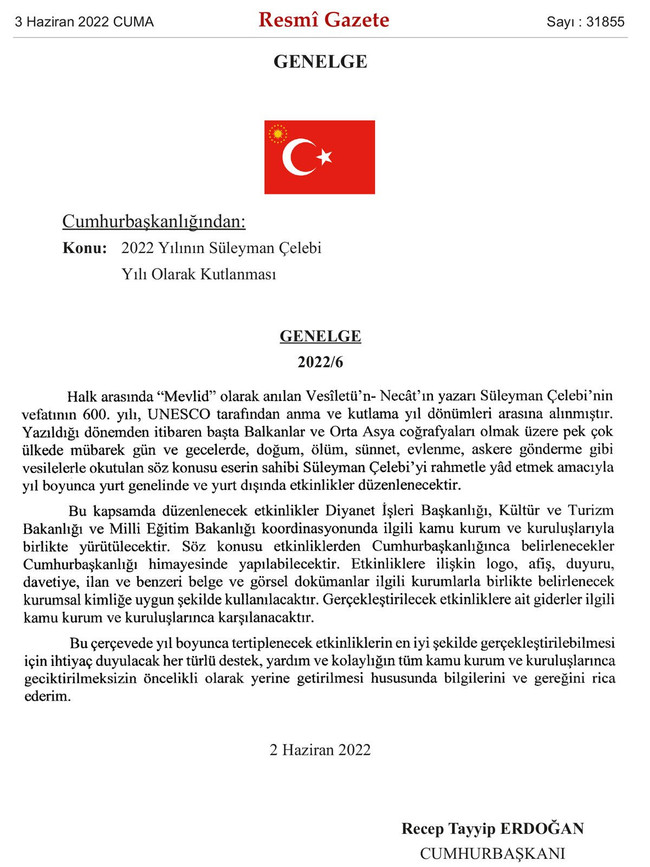 Resmi Gazete'de yayımlandı: 2022 Süleyman Çelebi Yılı olarak kutlanacak - Resim : 1