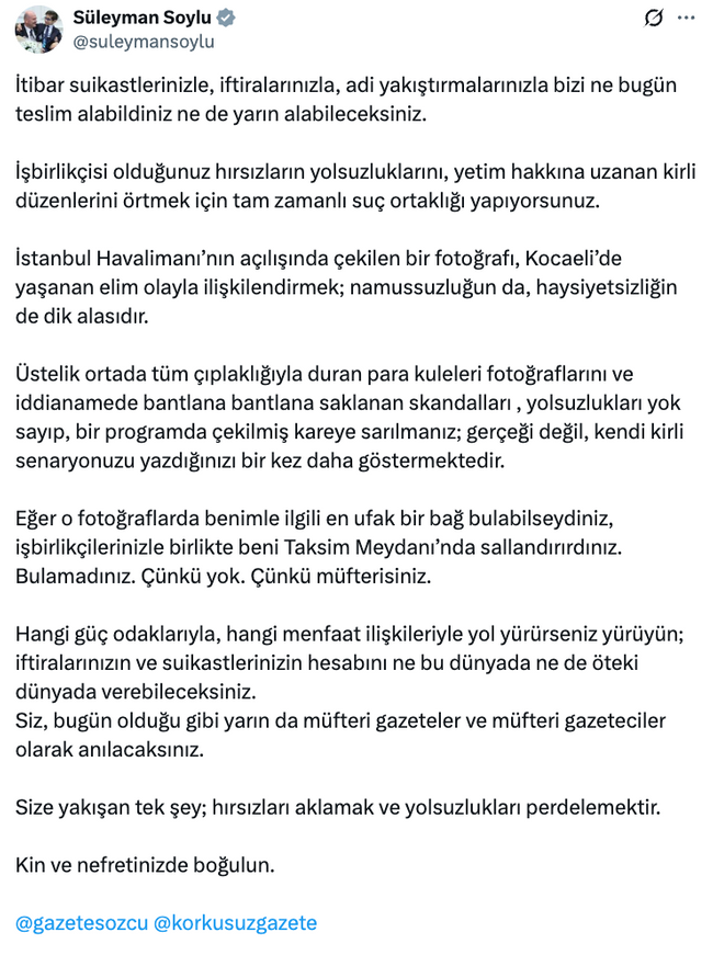 Süleyman Soylu’dan ‘İftira atıyorsunuz’ çıkışı! ‘Kin ve nefretinizde boğulun…’ - Resim : 1