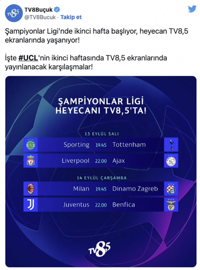 TV 8.5 Şampiyonlar Ligi'ndeki 4 maçı şifresiz yayınlayacak - Resim : 1