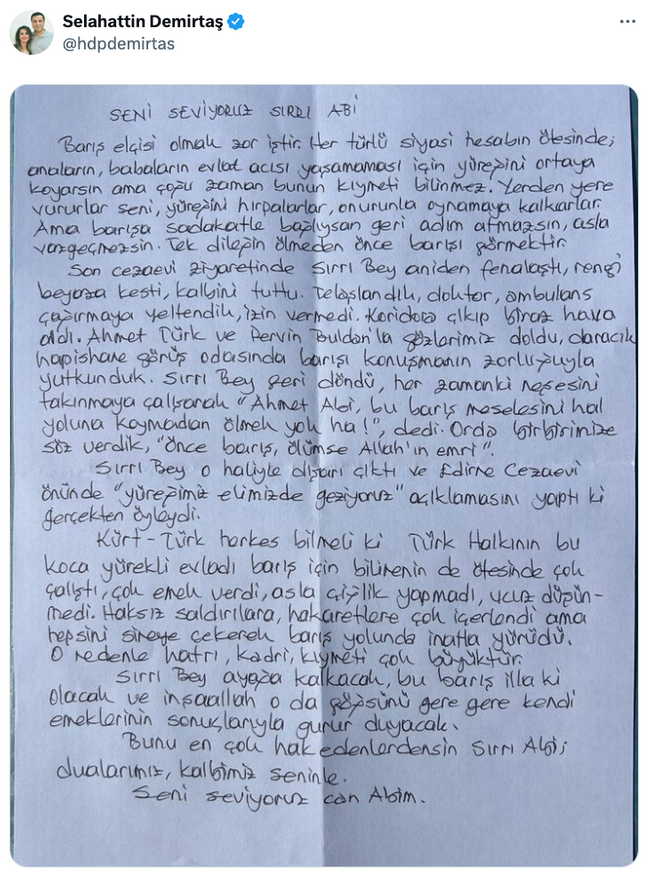 Selahattin Demirtaş ziyarette Sırrı Süreyya Önder'in nasıl fenalaştığını yazdı! - Resim : 2