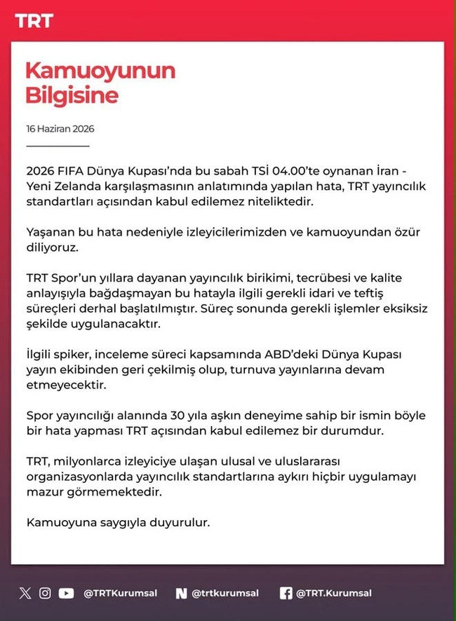 TRT'de Dünya Kupası krizi! Spiker görevden alındı! 5 dakika boyunca her şeyi yanlış anlattı - Resim : 1