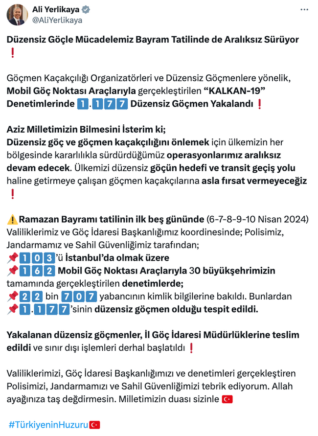 30 büyükşehirde bin 177 düzensiz göçmen yakalandı! Detayları Bakan Yerlikaya paylaştı… - Resim : 1