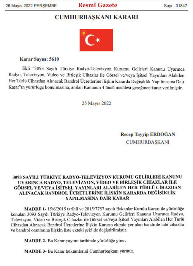 TRT bandrol ücretine büyük zam geldi! Resmi Gazete’de yayımladı… - Resim : 1