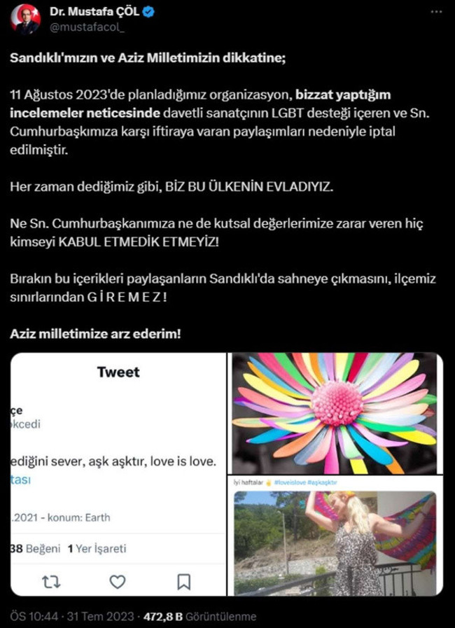 Bir sanatçının daha konseri iptal edildi: "İlçemiz sınırlarından giremez" - Resim : 1