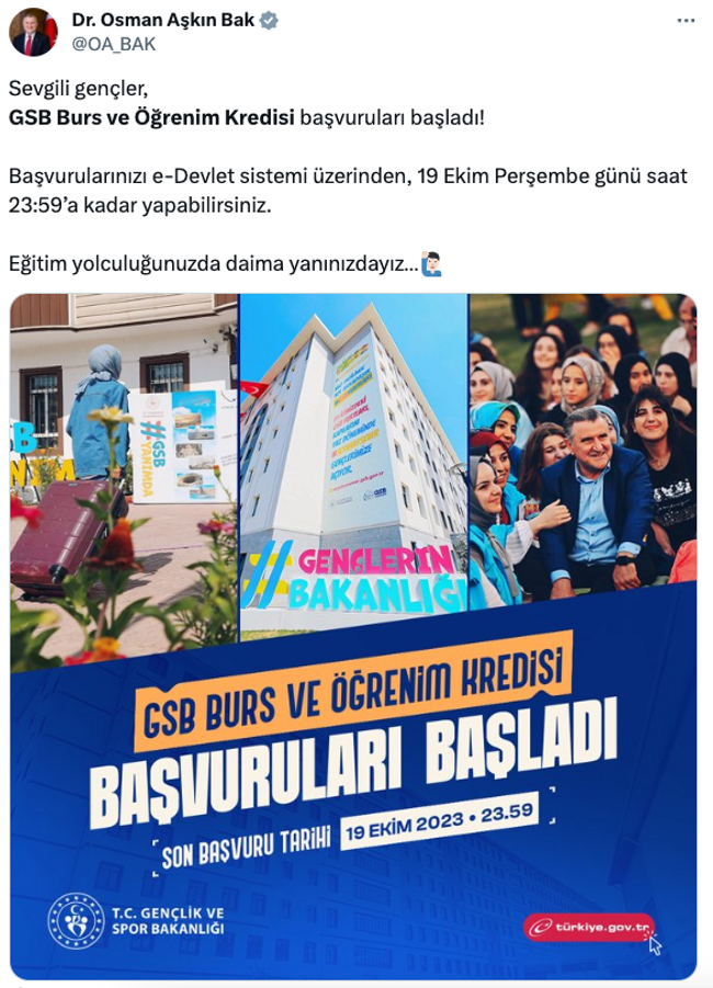 Burs ve kredi başvuruları başladı! Bakan Bak duyurdu… - Resim : 1