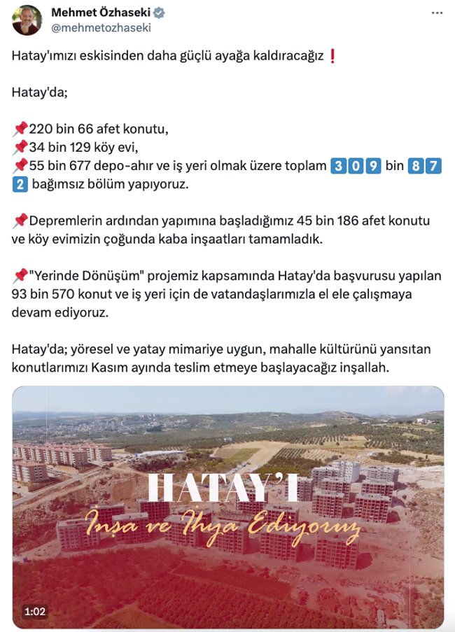 Hatay'da 309 bin 872 bağımsız bölüm yapılıyor! Bakan Özhaseki duyurdu… - Resim : 1