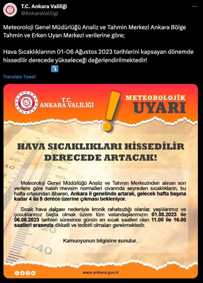 Ankara Valiliği'nden ‘sıcak hava’ uyarısı! - Resim : 1