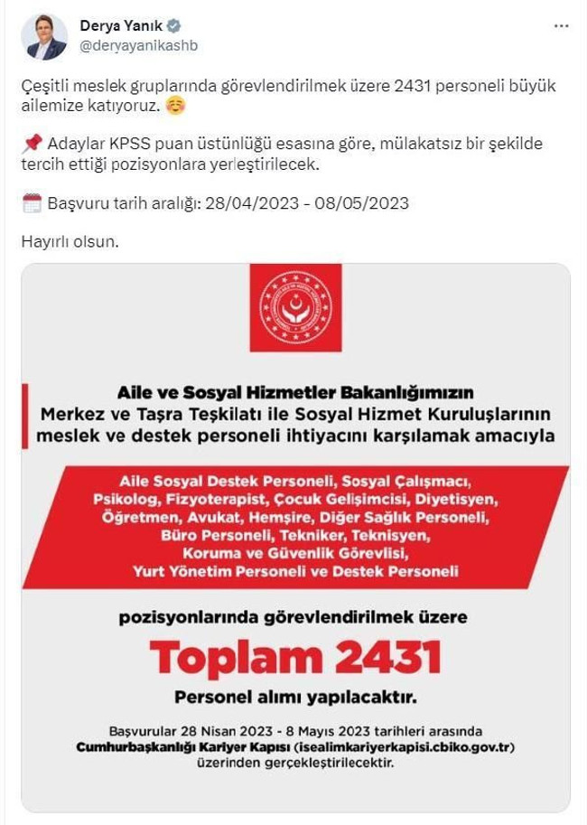 Aile ve Sosyal Hizmetler Bakanlığı'na 2 bin 431 personel alınacak! İşte kadrolar - Resim : 1
