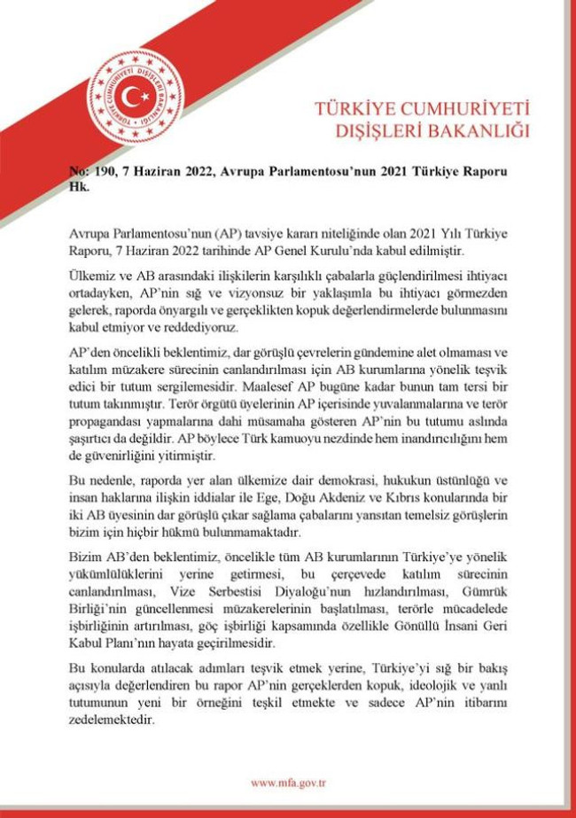 Türkiye'den Avrupa Parlamentosu'nun raporuna tepki - Resim : 1