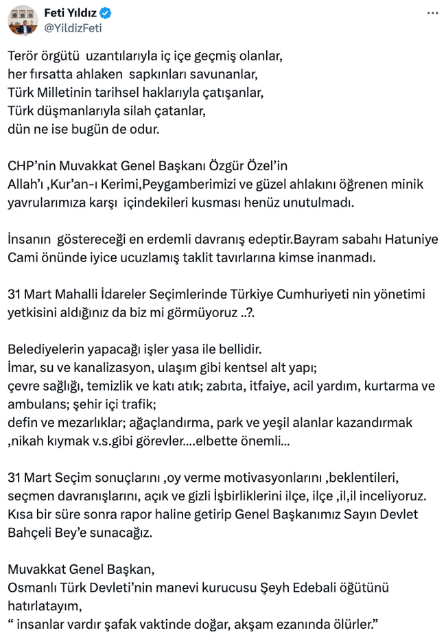 MHP'li Feti Yıldız’dan Özgür Özel'e 'ölüm' göndermeli mesaj! O sözlere sert yanıt verdi… - Resim : 1