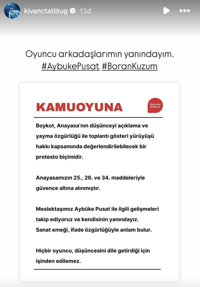 Kıvanç Tatlıtuğ'dan, Aybüke Pusat ve Boran Kuzum'a destek - Resim : 1
