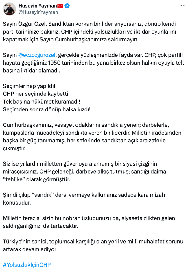 AK Partili Hüseyin Yayman'dan Özgür Özel’e tepki! ‘Sandıktan korkan bir lider arıyorsanız…’ - Resim : 1