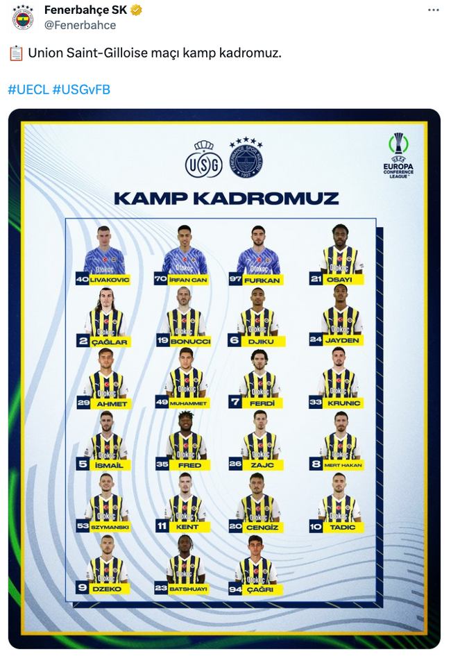Fenerbahçe'nin Union Saint Gilloise maçı kamp kadrosu açıklandı! - Resim : 1