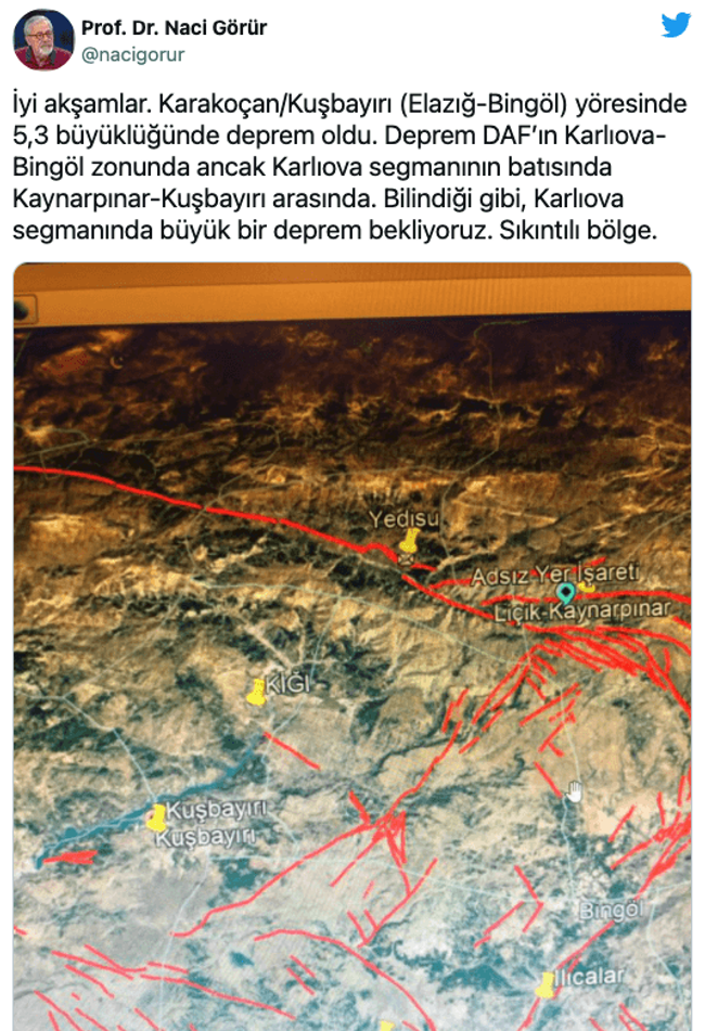 Bingöl’deki depremin ardından Prof. Dr. Naci Görür’den kritik açıklama! - Resim : 1