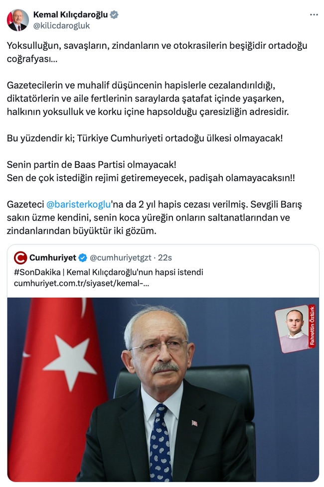 2 yıl 4 aya kadar hapsi istenen Kılıçdaroğlu'ndan Erdoğan'a tepki: Padişah olamayacaksın! - Resim : 1