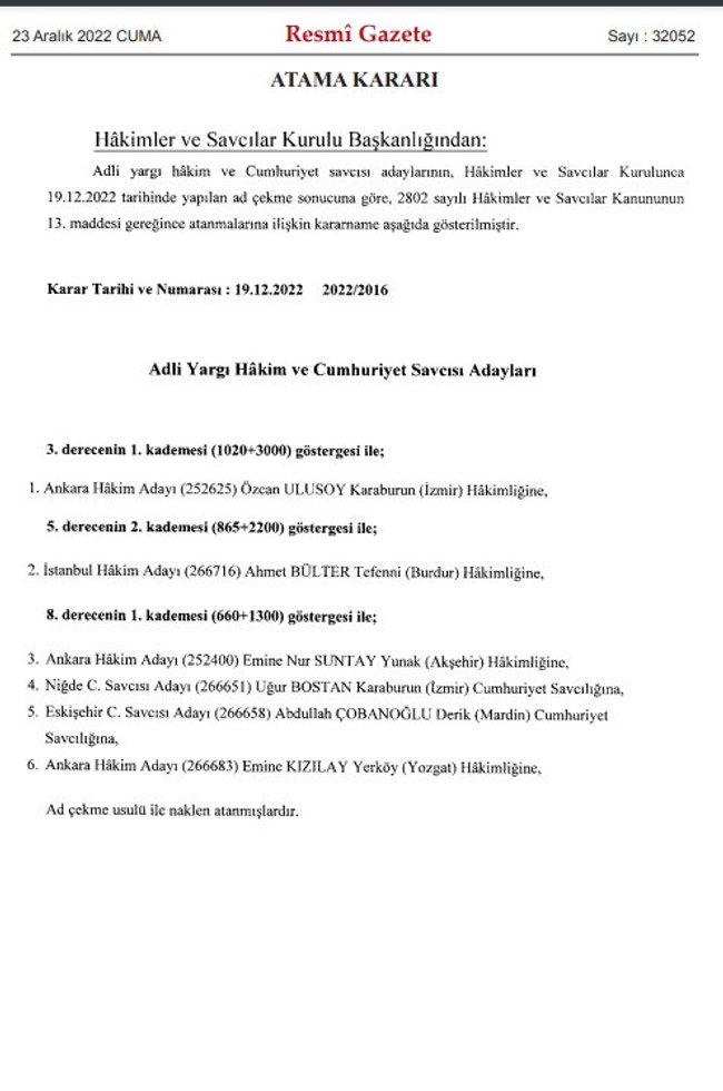 HSK atamaları Resmi Gazete'de! 4 hakim ile 2 cumhuriyet savcısı atandı! - Resim : 1