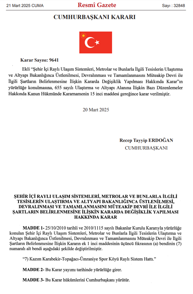 Bir metro hattının yönetimi İBB’den alındı! Erdoğan imzalı karar Resmi Gazete’de… - Resim : 1