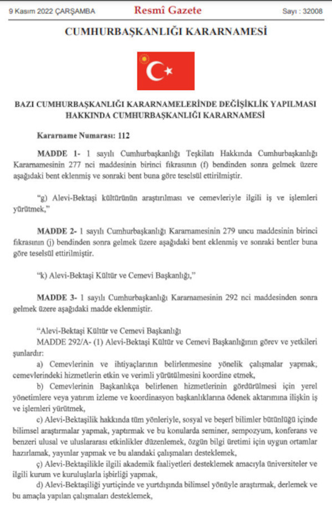 Alevi-Bektaşi Kültür ve Cemevi Başkanlığı kuruldu! Kararname Resmi Gazete'de… - Resim : 1