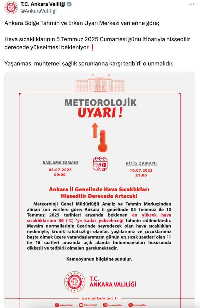 Ankara Valiliği tarih ve saat vererek uyardı! 'Açık alanda bulunmayın…' - Resim : 1