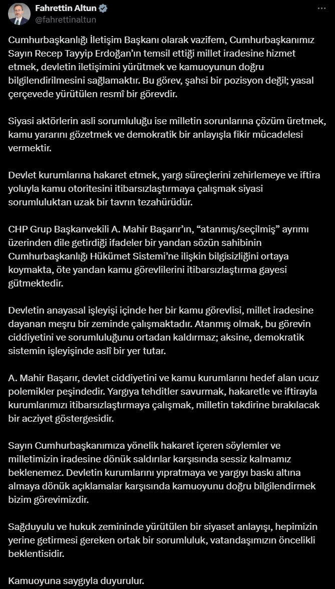 Fahrettin Altun’dan Ali Mahir Başarır’a yanıt: “Yargıya baskı girişimi acziyet göstergesidir” - Resim : 1