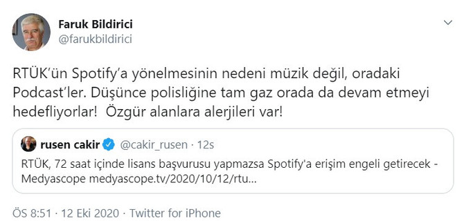 Faruk Bildirici'den RTÜK'e 'Spotify' tepkisi! "Özgür alanlara alerjileri var" - Resim : 1