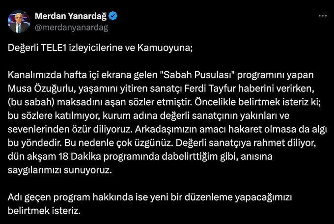 TELE1, 'Ferdi Tayfur' sözleri için özür diledi! "Çok üzgünüz..." - Resim : 2