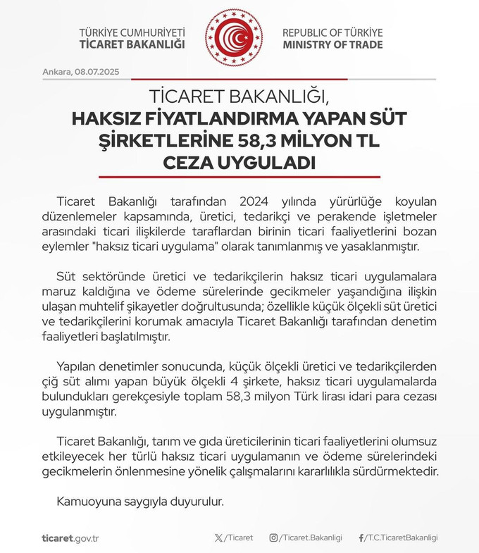 Süt sektöründe haksız fiyat uygulamasına ceza: 4 firmaya 58,3 milyon TL yaptırım - Resim : 1