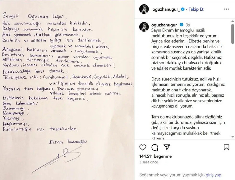 İmamoğlu’ndan Oğuzhan Uğur’a mektup! "Hukuksuzluğa karşı durmak..." - Resim : 1
