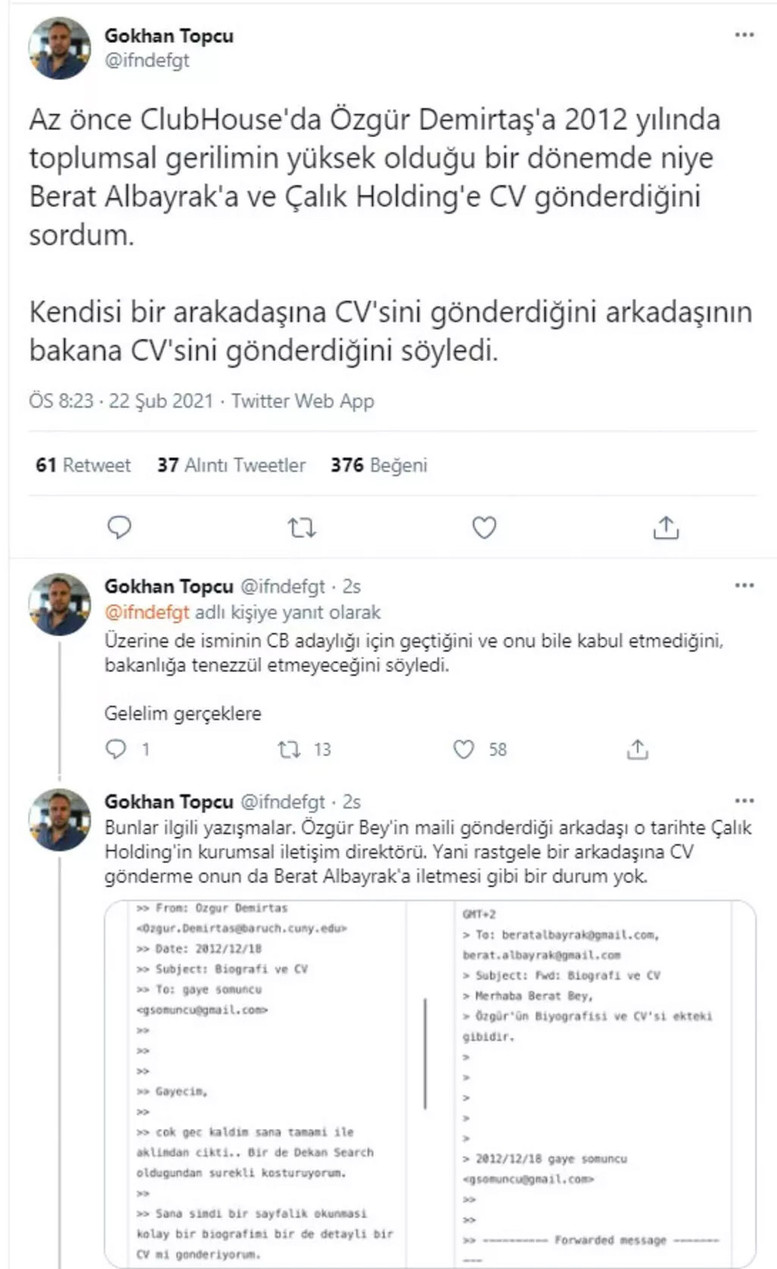 Sosyal medya bu iddiayı konuşuyor! Özgür Demirtaş, Berat Albayrak'a CV mi gönderdi? - Resim : 1