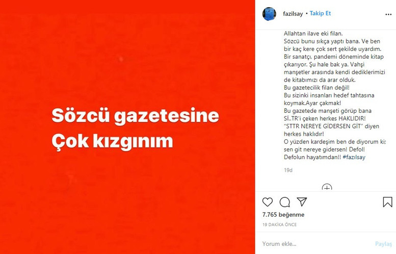 Fazıl Say'dan Sözcü'ye 'çarpıtma' tepkisi: Bu manşeti okuyan biri bana küfrü basar - Resim : 1