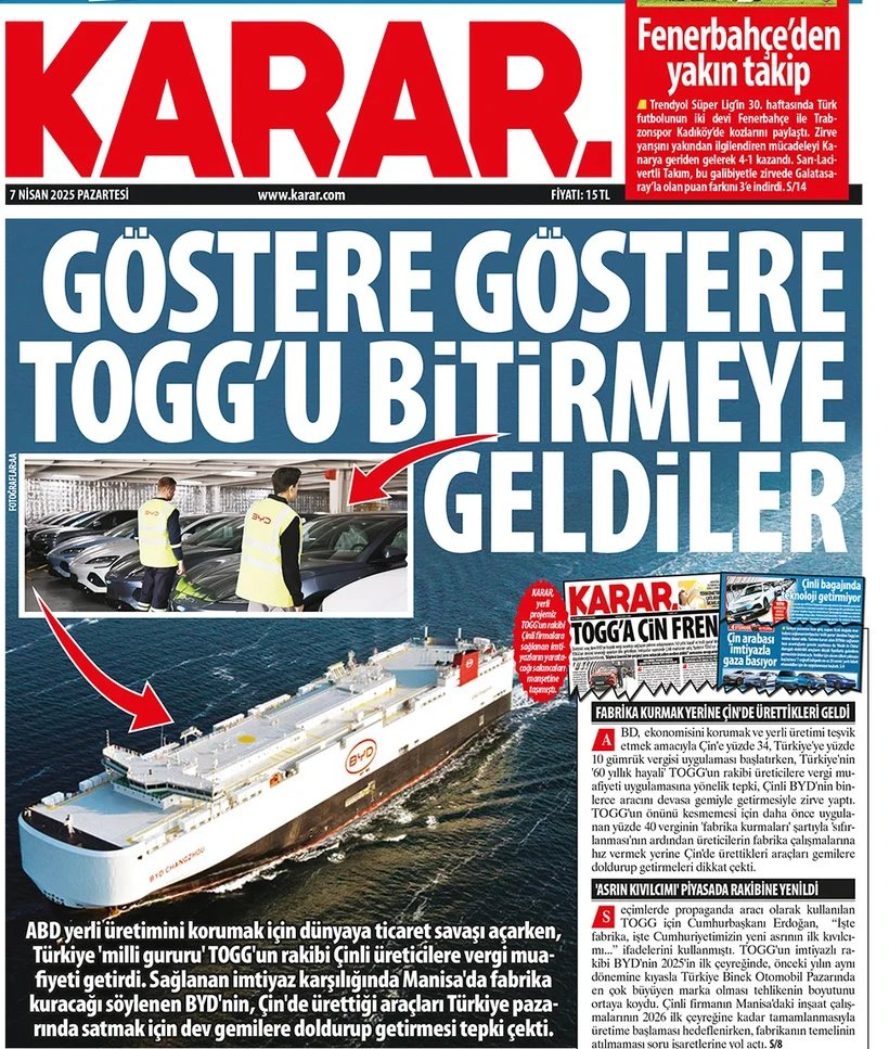 Karar gazetesinden Çin'e tepki: 'TOGG’u bitirmeye geldiler' - Sayfa 1