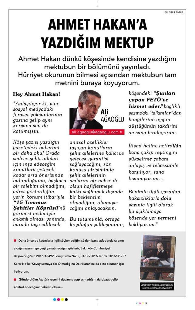 Ali Ağaoğlu, Ahmet Hakan'a kızdı, Hürriyet'ten köşe satın aldı! - Resim : 1