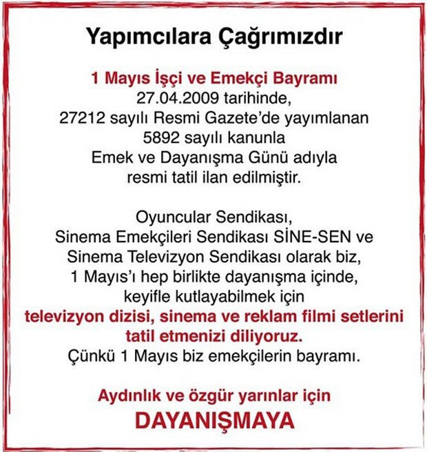 1 Mayıs'ta setler tatil olsun çağrısı! - Resim : 1