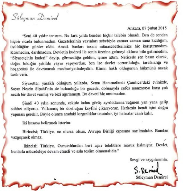 Demirel'den Aydın Doğan'a "vasiyet" mektubu! 'Barışmayı bilmeyen kavga etmesin' - Resim : 1