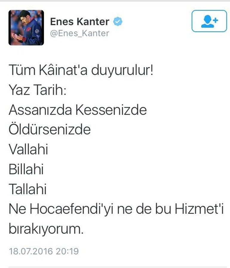 Ünlü basketbolcudan Fethullah Gülen'e destek tweeti: Assanız da kesseniz de... - Resim : 1