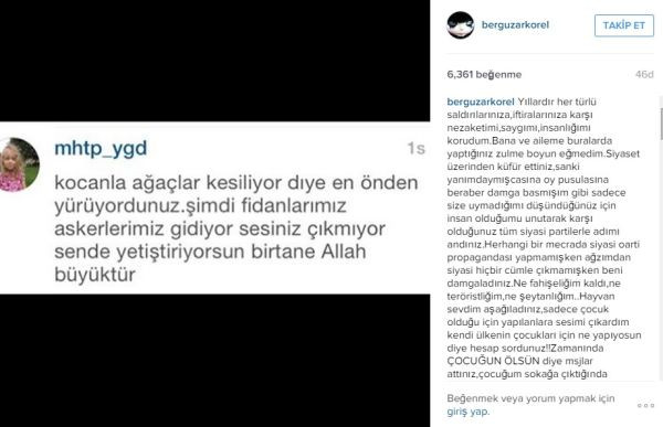 Instagram takipçisi Bergüzar Korel'i çıldırttı! Ne fahişeliğim kaldı ne teröristliğim... - Resim : 1