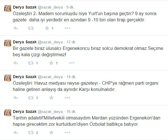 Yurt Gazetesi'nden kovulan Derya Sazak twitter'dan bombaladı! - Resim : 1