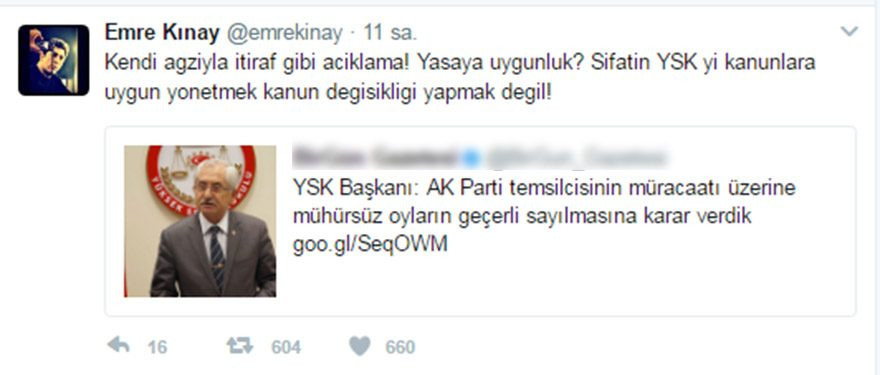 Emre Kınay'dan YSK başkanına tepki: Sıfatın kanun değişikliği yapmak değil! - Resim : 1