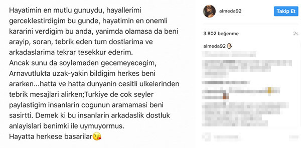 Almeda Abazi'den düğün sonrası 'tebrik' sitemi! - Resim : 1