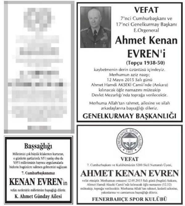 Kenan Evren için verilen ilginç ölüm ilanı! - Resim : 1