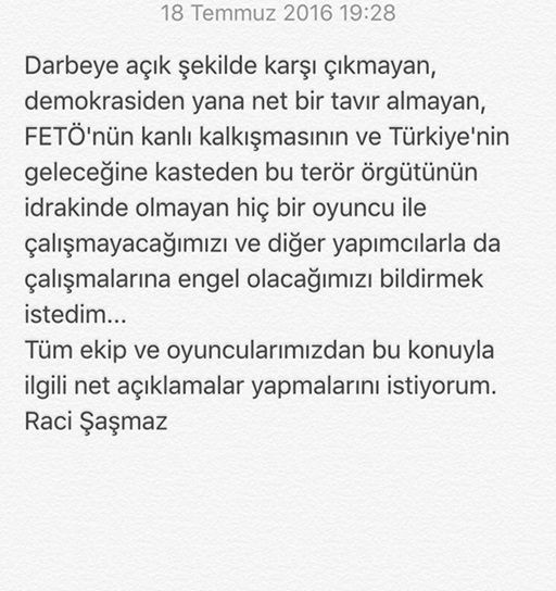 Ünlü dizi yapımcısı darbeyi protesto etmeyenlerle çalışmayacak! - Resim : 1